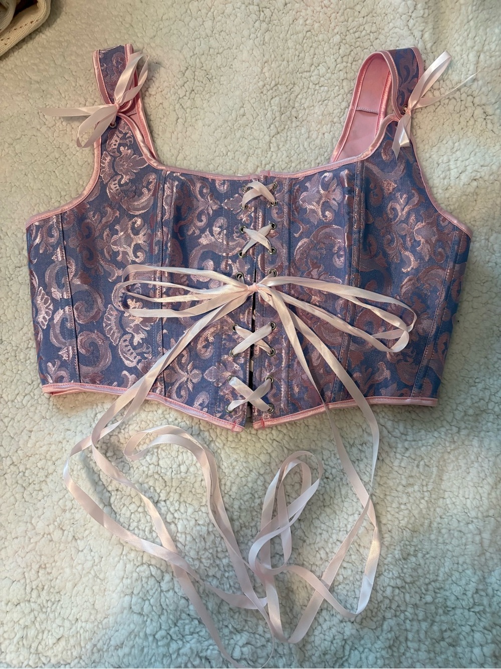 Amazon Pink and Lavender Brocade Lace-Up Crop Corset Top